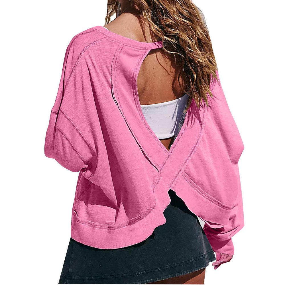 NineFit Basics Womens Open Back Workout Tops Backless Long Sleeve Athletic Shirt Casual Summer Loose Running Crop Top Gym Yoga Tee Hot Pink, Small