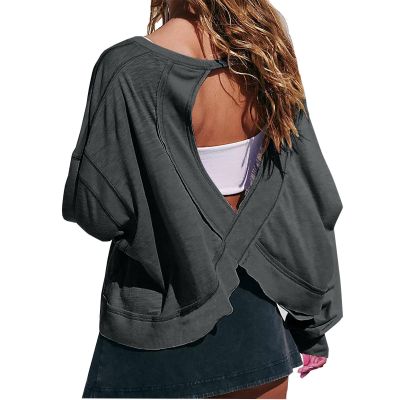 Generic Womens Open Back Workout Tops Backless Long Sleeve Athletic Shirt Casual Summer Loose Running Crop Top Gym Yoga Tee Black, Large