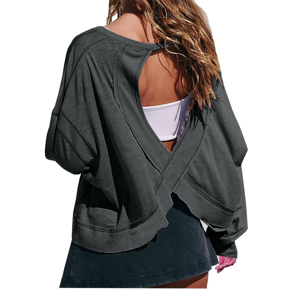 Generic Womens Open Back Workout Tops Backless Long Sleeve Athletic Shirt Casual Summer Loose Running Crop Top Gym Yoga Tee Black, Large