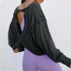 Generic Womens Open Back Workout Tops Backless Long Sleeve Athletic Shirt Casual Summer Loose Running Crop Top Gym Yoga Tee Black, Large view 3