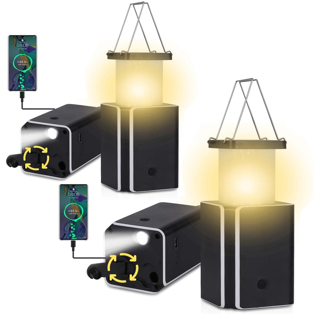 2Pack Solar LED Rechargeable Emergency Camping Lantern,Wram White Solar Rechargeable,Rechargeable Type C,Emergency Lights Hand-Crank Power Generation,Phone Power Supply Function,flashlights