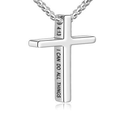 Fiusem Cross Necklace for Men, Inspirational Bible Verse Cross Chain for Men, Stainless Steel Box Necklace 14K Silver Plated 20", I CAN DO ALL THINGS