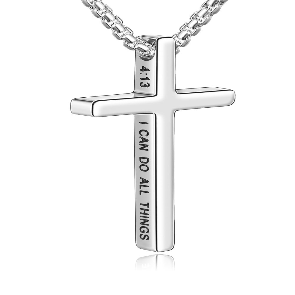 Fiusem Cross Necklace for Men, Inspirational Bible Verse Cross Chain for Men, Stainless Steel Box Necklace 14K Silver Plated 20", I CAN DO ALL THINGS
