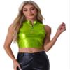 Allegra K Metallic Crop Tops for Women's Mock Neck Zip Up Sleeveless Shiny Holographic Tank Top Medium Light Green view 1