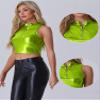 Allegra K Metallic Crop Tops for Women's Mock Neck Zip Up Sleeveless Shiny Holographic Tank Top Medium Light Green view 4