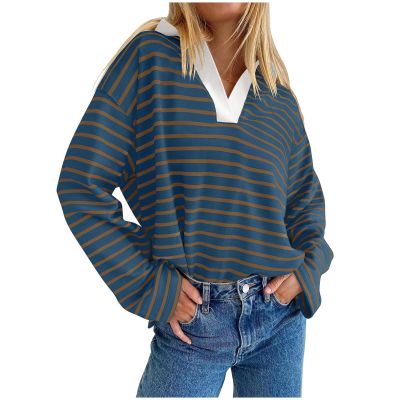 XUNRYAN 2024 Womens Striped Pullover Sweatshirts Long Sleeve Tops Knit Ribbed Shirts Tunics Trendy Casual Collared Poloshirts