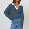 XUNRYAN 2024 Womens Striped Pullover Sweatshirts Long Sleeve Tops Knit Ribbed Shirts Tunics Trendy Casual Collared Poloshirts view 2