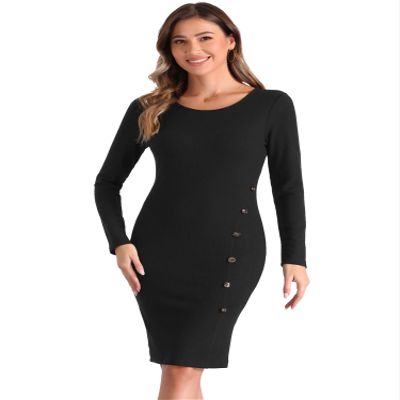 Allegra K Casual Sweater Bodycon Dress for Women's Slim Fit Round Neck Long Sleeve Dresses X-Small Black