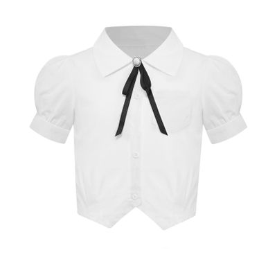 Freebily Girls Button Down Shirts Puff Sleeve Bowknot White Blouse for Kids School Uniform Shirt Summer Casual Tops Type B 11-12 Years