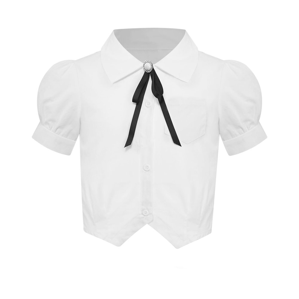 Freebily Girls Button Down Shirts Puff Sleeve Bowknot White Blouse for Kids School Uniform Shirt Summer Casual Tops Type B 11-12 Years