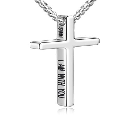 Fiusem Cross Necklace for Men, Inspirational Bible Verse Cross Chain for Men, Stainless Steel Box Necklace 14K Silver Plated 24", FEAR NOT FOR I AM WITH YOU ISAIAH