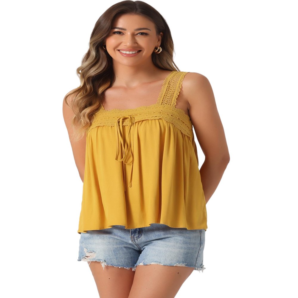 Allegra K Casual Sleeveless Top for Women's Square Neck Panel Lace Ruffles Tank Tops X-Small Yellow