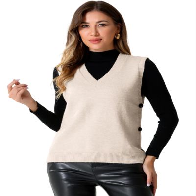 Allegra K Knit Sweater Vest for Women's Sleeveless Ribbed V Neck Pullover Vest Large Beige