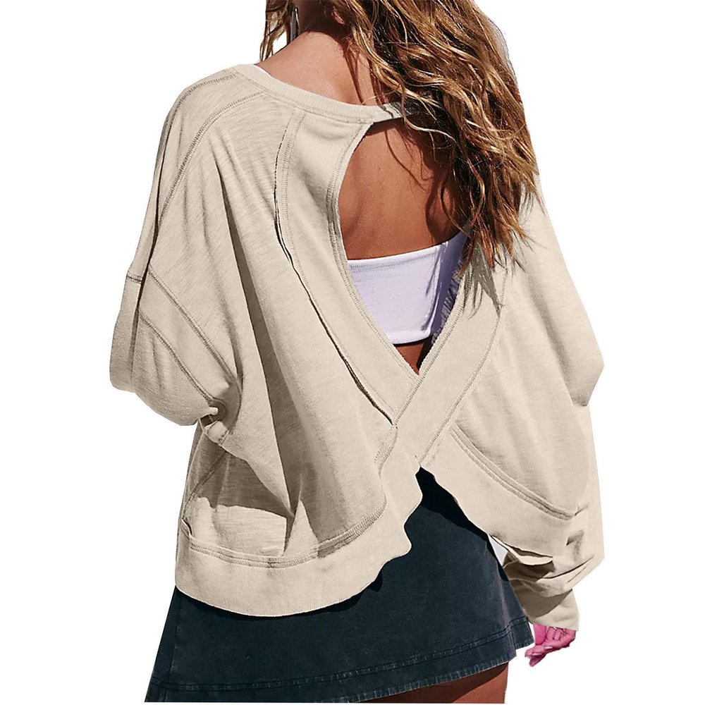 NineFit Basics Womens Open Back Workout Tops Backless Long Sleeve Athletic Shirt Casual Summer Loose Running Crop Top Gym Yoga Tee Khaki, XX-Large