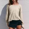 NineFit Basics Womens Open Back Workout Tops Backless Long Sleeve Athletic Shirt Casual Summer Loose Running Crop Top Gym Yoga Tee Khaki, XX-Large view 2