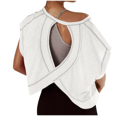 Open Back Tank Tops for Women 2024 Workout Tops Backless Cap Short Sleeve Athletic T-Shirt Y2k Crop Top Gym Yoga Tees White