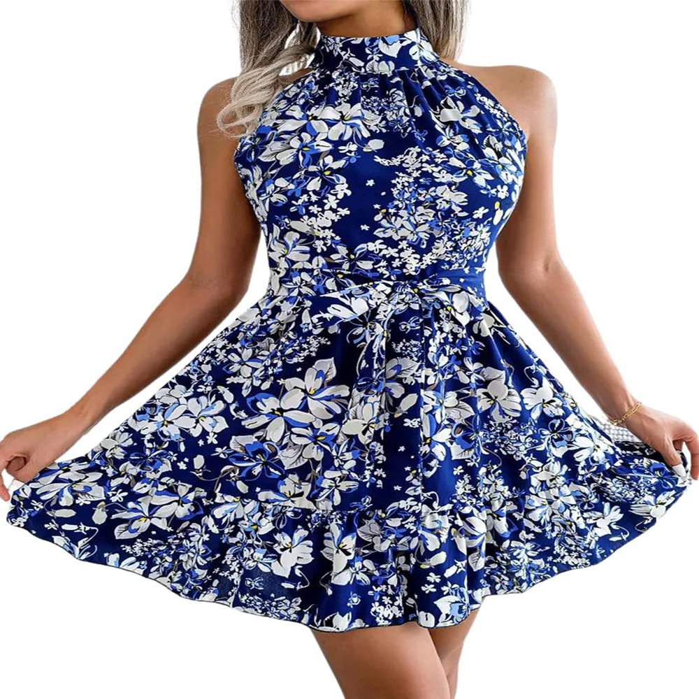 utcoco Women's 2024 Summer Dress Halter Casual Sleeveless Beach Outfits Boho Sundress Ruffle Belted Midi Dress (Small, Blue Floral)
