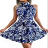 utcoco Women's 2024 Summer Dress Halter Casual Sleeveless Beach Outfits Boho Sundress Ruffle Belted Midi Dress (Small, Blue Floral) view 1