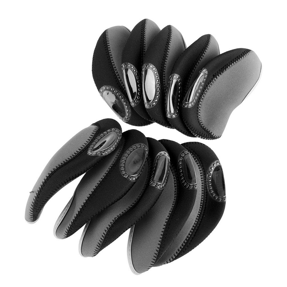 Gavigain 10PCS Golf Club Covers, Golf Club Head Covers Machine Washable Golf Club Head Covers Irons Hybrid Head Covers for Fairway Woods Driver Hybrids (Black)