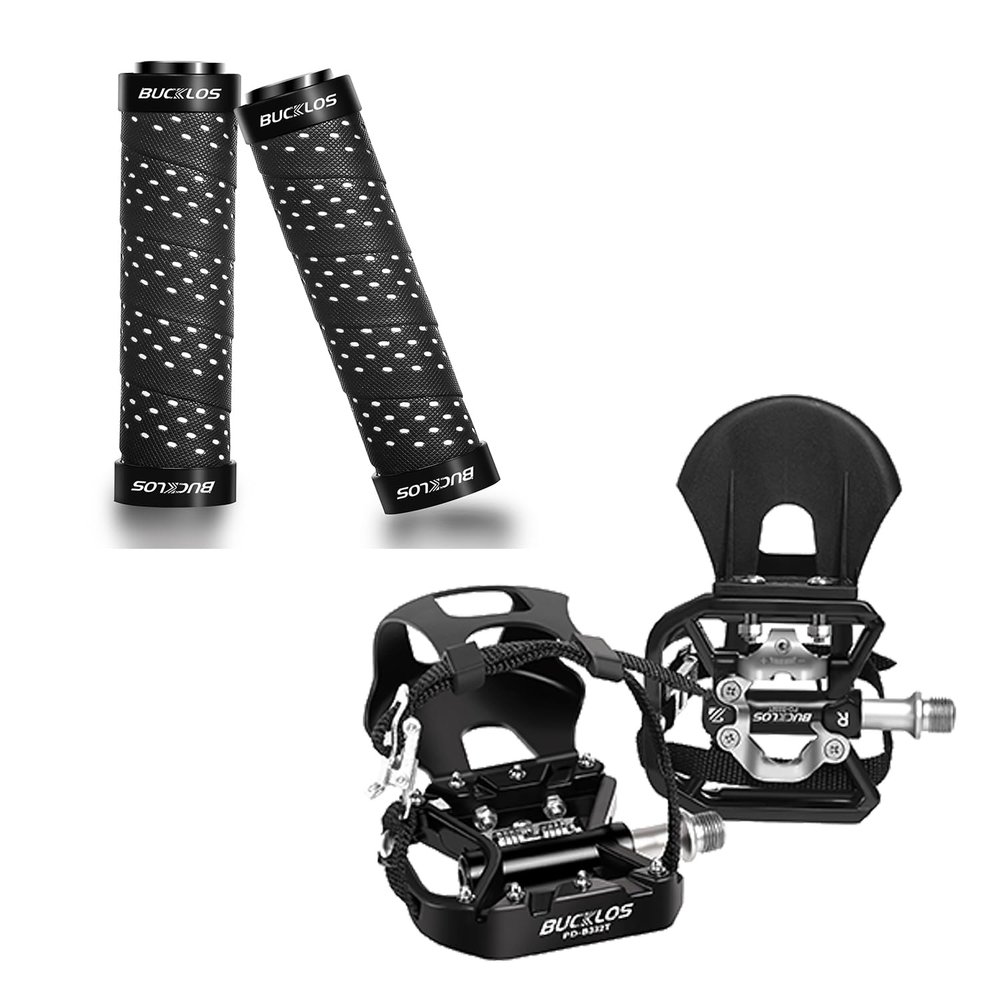 BUCKLOS Bike Pedals with Toe Cages and Straps Double Sided with SPD-Single Lock on Bike Handlebar Grips Mountain Bike MTB Handle Bar Grips Anti-Slip