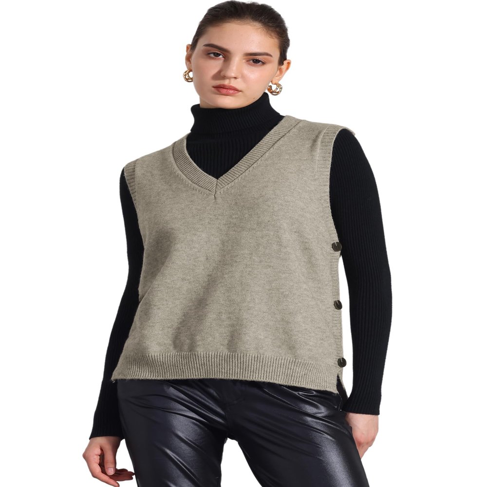 Allegra K Knit Sweater Vest for Women's Sleeveless Ribbed V Neck Pullover Vest Small Khaki