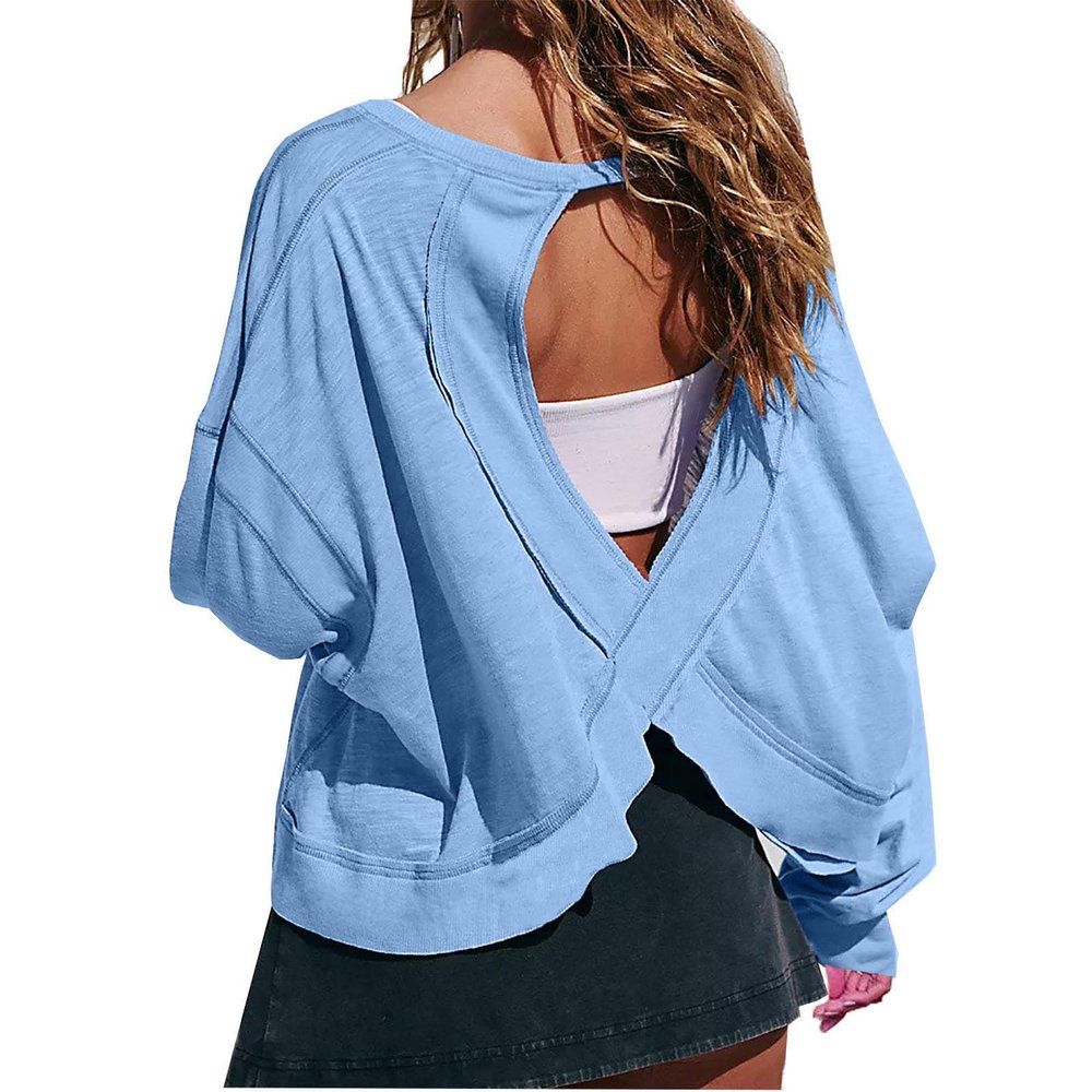 NineFit Basics Womens Open Back Workout Tops Backless Long Sleeve Athletic Shirt Casual Summer Loose Running Crop Top Gym Yoga Tee Blue, Small