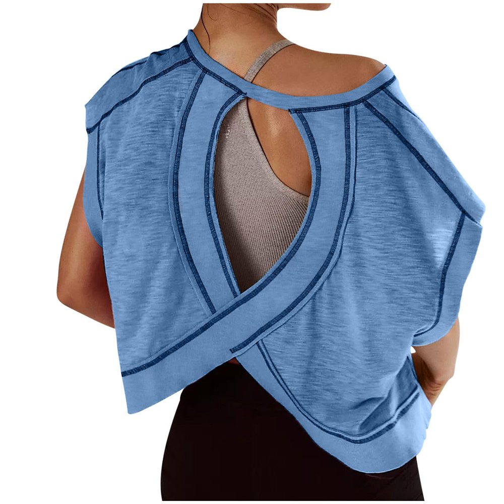 Open Back Tank Tops for Women 2024 Workout Tops Backless Cap Short Sleeve Athletic T-Shirt Y2k Crop Top Gym Yoga Tees Blue