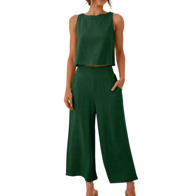 asntrgd 2024 Womens Two Piece Outfits 2024 Summer Cotton Linen Lounge Sets Casual Tank Tops Wide Leg Pants Matching Tracksuits