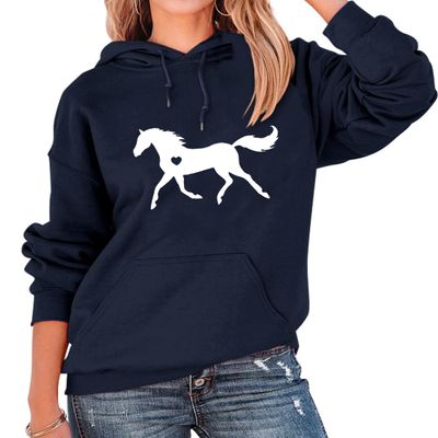 KOGYAS Women Horse Hoodie With Heart Graphic Basic Loose Long Sleeve Pullovers Top with Pocket Drop Shoulder Sweatshirt Navy Blue