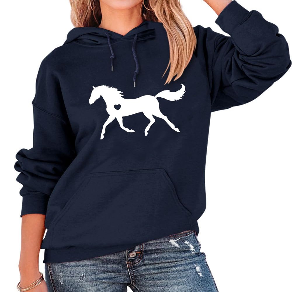 KOGYAS Women Horse Hoodie With Heart Graphic Basic Loose Long Sleeve Pullovers Top with Pocket Drop Shoulder Sweatshirt Navy Blue
