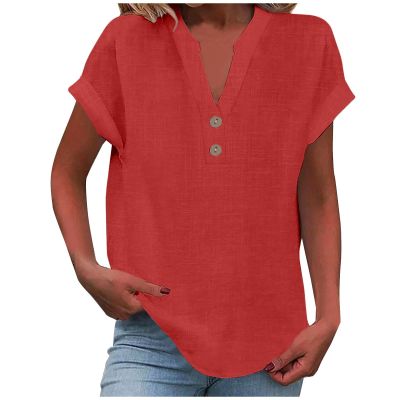 Linen Shirts for Women,Recent Orders Placed by me,Linen Shirts for Women 2025 Summer Casual V Neck Button Down Short Sleeve Tops Trendy Comfy Business Work Blouses,Red,X-Large