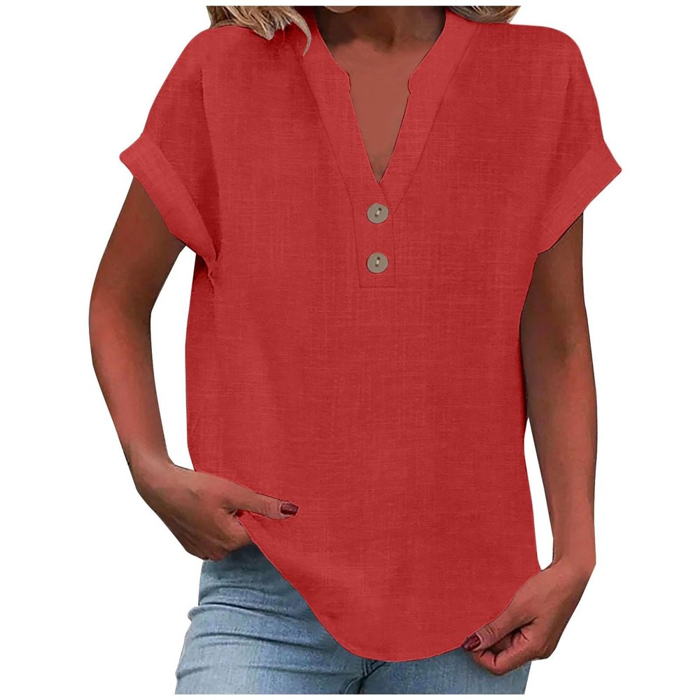 Linen Shirts for Women,Recent Orders Placed by me,Linen Shirts for Women 2025 Summer Casual V Neck Button Down Short Sleeve Tops Trendy Comfy Business Work Blouses,Red,X-Large