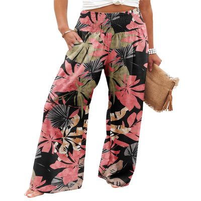 Angerella Women Floral Print Palazzo Pants Comfy Wide Leg High Waist Boho Casual Lounge Pant Trousers with Pocket BlackCoral L