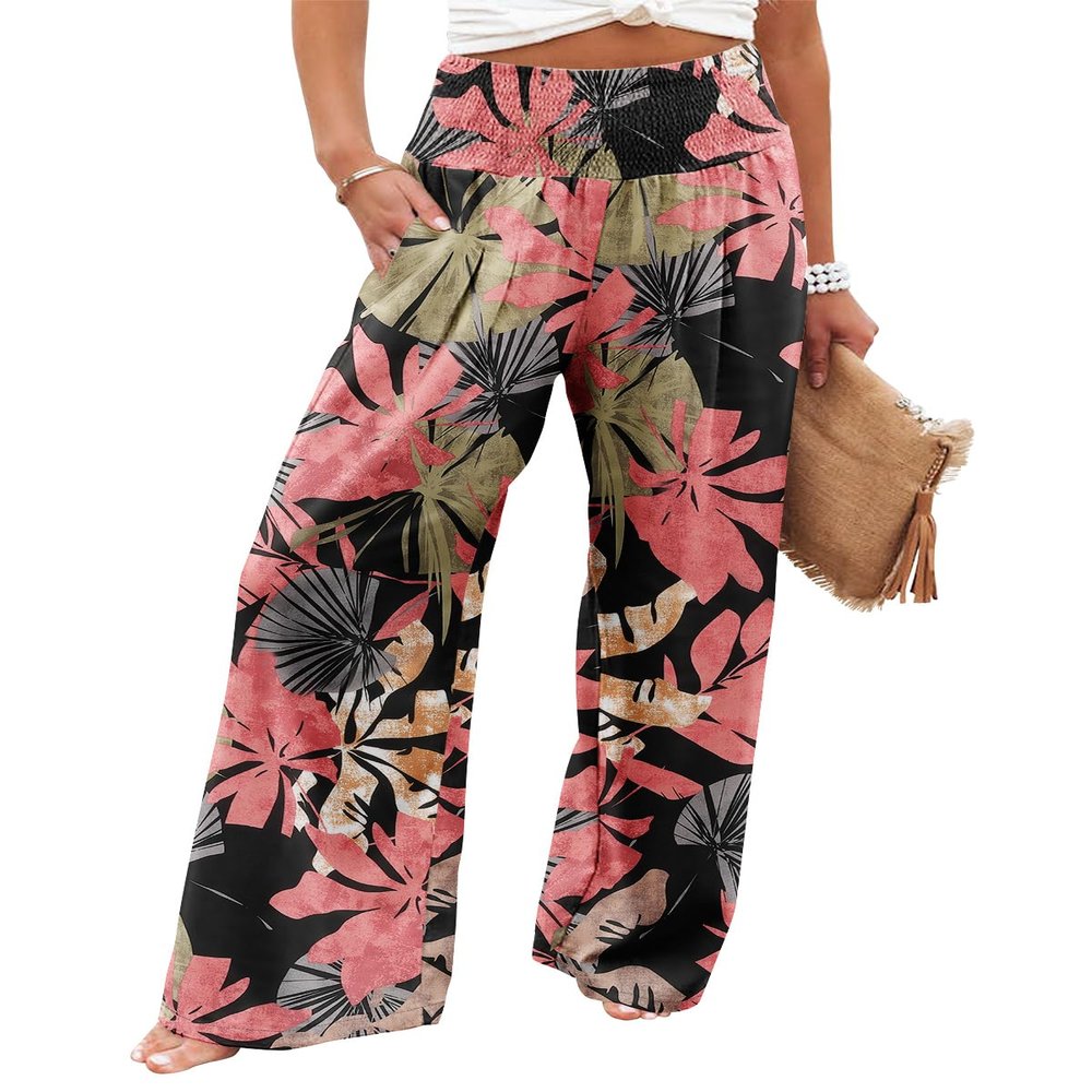 Angerella Women Floral Print Palazzo Pants Comfy Wide Leg High Waist Boho Casual Lounge Pant Trousers with Pocket BlackCoral L