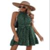 utcoco Women's 2024 Summer Dress Halter Casual Sleeveless Beach Outfits Boho Sundress Ruffle Belted Midi Dress (Medium, Green-Black Dots) view 1