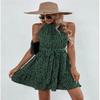 utcoco Women's 2024 Summer Dress Halter Casual Sleeveless Beach Outfits Boho Sundress Ruffle Belted Midi Dress (Medium, Green-Black Dots) view 3
