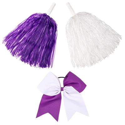 Hanaive 3 Pcs Cheerleading Pom Poms and Large Cheerleader Hair Bow Metallic Foil Cheer Pompoms Cheerleader Supplies for Dance Squad Rooters Sport Team Accessories(White Purple,Matte)