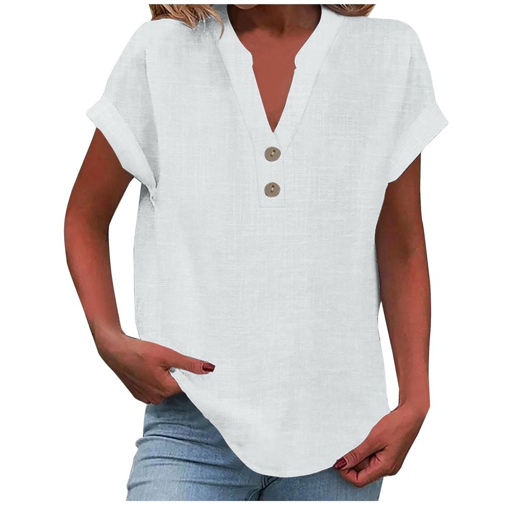 Cotton Tunic Tops for Women,Lightning+Deals Today on Clearance Prime,Linen Shirts for Women 2025 Summer Casual V Neck Button Down Short Sleeve Top White