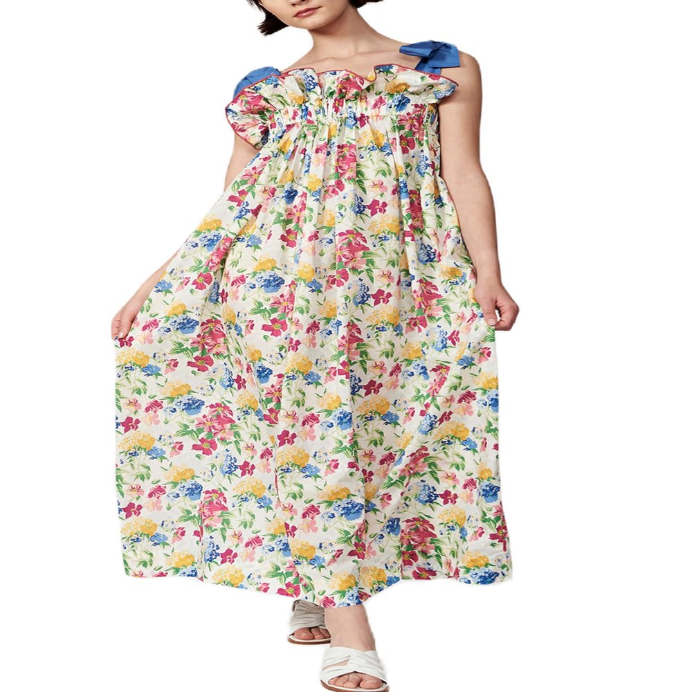 NUFIWI Women Tie Shoulder Graffiti Long Dress Sleeveless Flowy Graphic Maxi Dress Swing Spaghetti Strap Boho Vacation Sundress(Ruffle Floral,S)