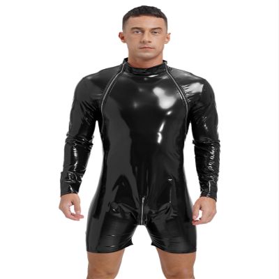 dPois Men Wet Look Leather Jumpsuit Shiny Latex Long Sleeve Front Zipper Dance Costume Clubwear Black Medium