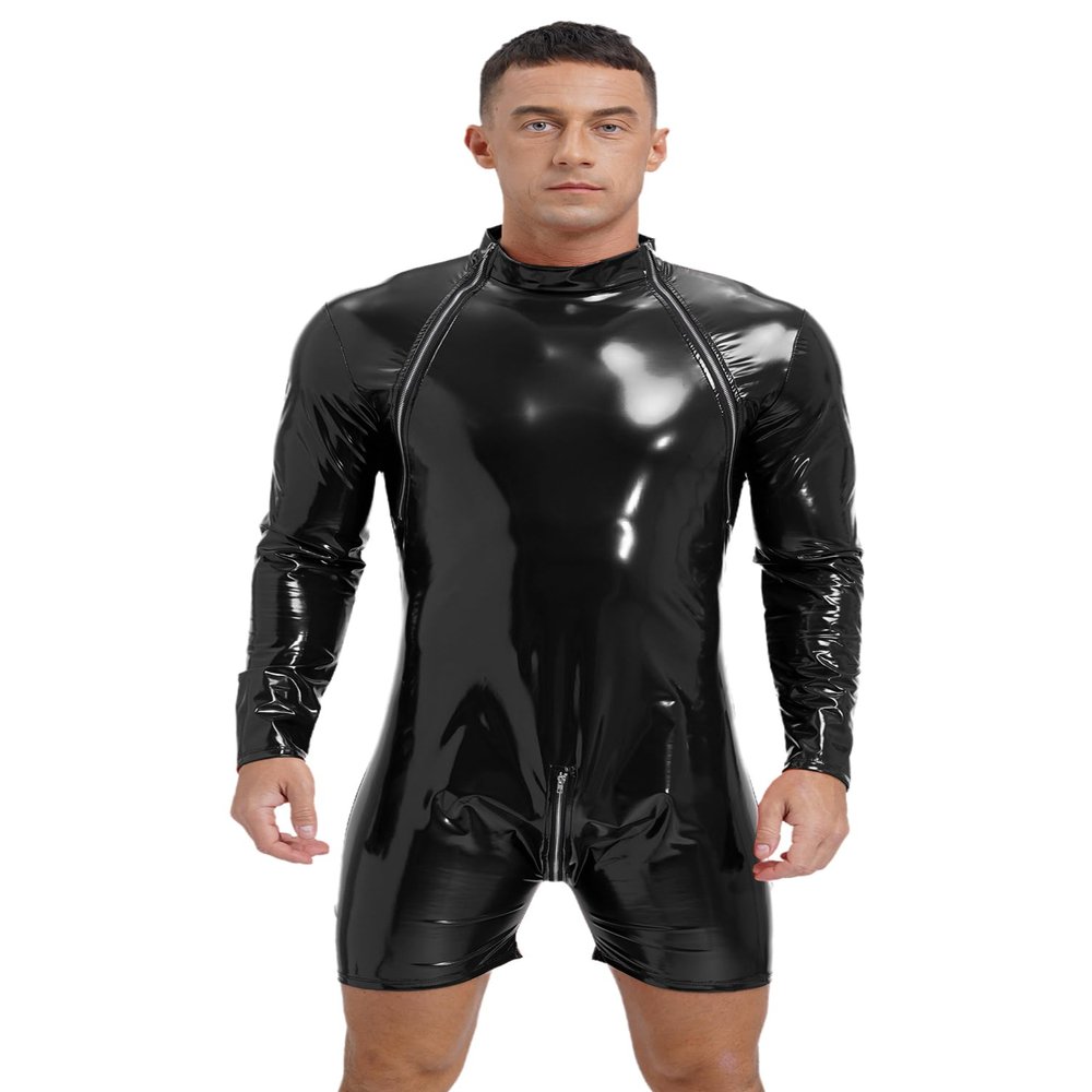 dPois Men Wet Look Leather Jumpsuit Shiny Latex Long Sleeve Front Zipper Dance Costume Clubwear Black Medium