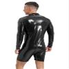 dPois Men Wet Look Leather Jumpsuit Shiny Latex Long Sleeve Front Zipper Dance Costume Clubwear Black Medium view 2