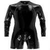 dPois Men Wet Look Leather Jumpsuit Shiny Latex Long Sleeve Front Zipper Dance Costume Clubwear Black Medium view 3