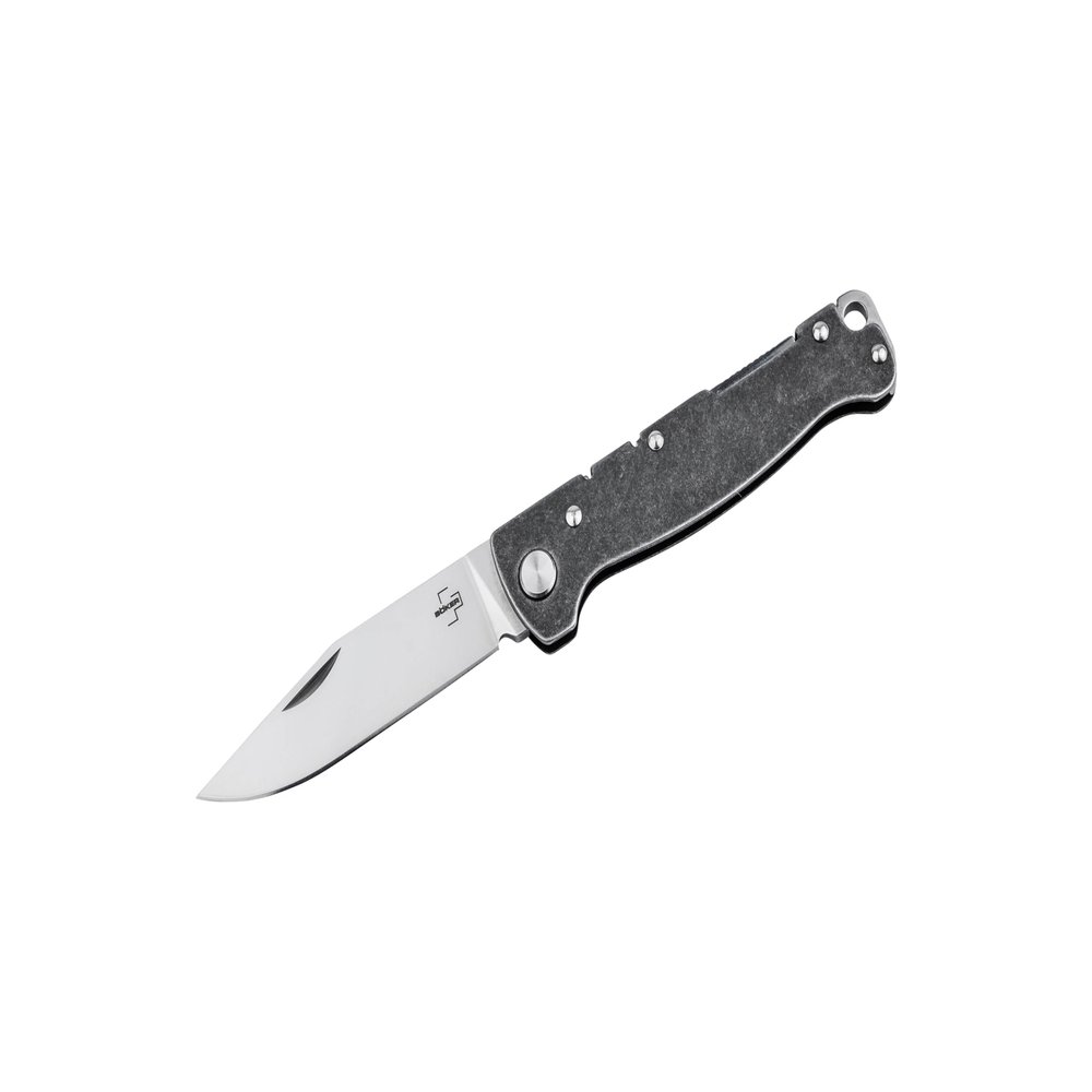BKER PLUS Atlas Backlock Clippoint - classic pocket folding knife with steel handle - D2 blade - Backlock knife case