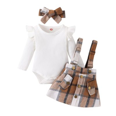Douhoow Infant Girl Fall Outfits Baby Girl Romper Plaid Suspender Dress Skirt with Headband 3Pcs Festival Clothes (White, 18-24 Months)