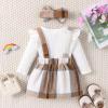 Douhoow Infant Girl Fall Outfits Baby Girl Romper Plaid Suspender Dress Skirt with Headband 3Pcs Festival Clothes (White, 18-24 Months) view 4