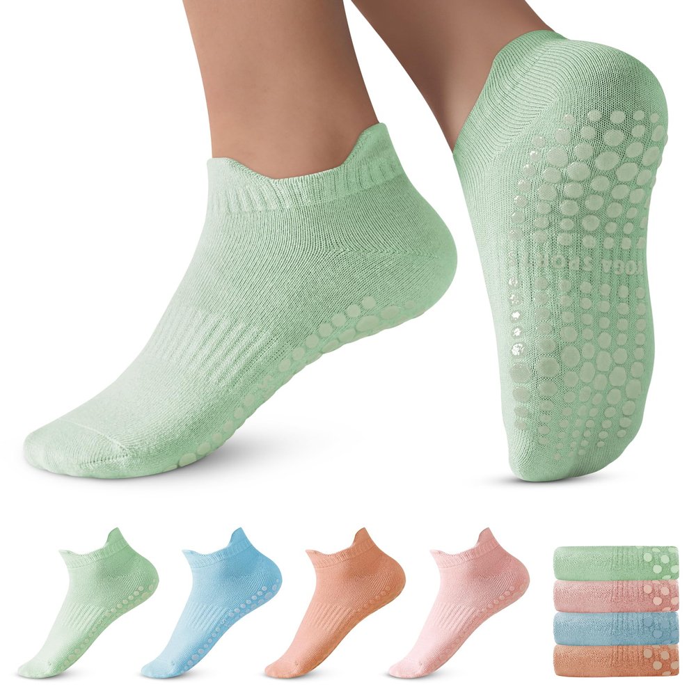 DIBAOLONG Pilates Grips Socks - Non Slip Yoga & Barre Workout Socks, 4 Pairs