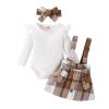 Douhoow Infant Girl Fall Outfits Baby Girl Romper Plaid Suspender Dress Skirt with Headband 3Pcs Festival Clothes (White, 0-6 Months) view 1