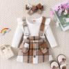 Douhoow Infant Girl Fall Outfits Baby Girl Romper Plaid Suspender Dress Skirt with Headband 3Pcs Festival Clothes (White, 0-6 Months) view 3