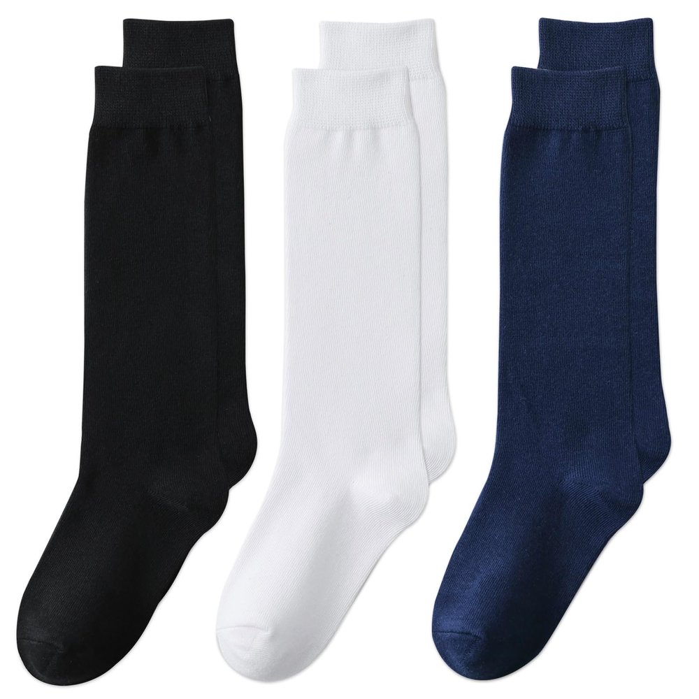 EPEIUS Kids Knee High Socks - Cotton School Uniform Socks for Girls & Boys, 11-15 Years Old, 3 Pack XL (White, Black, Navy Blue)